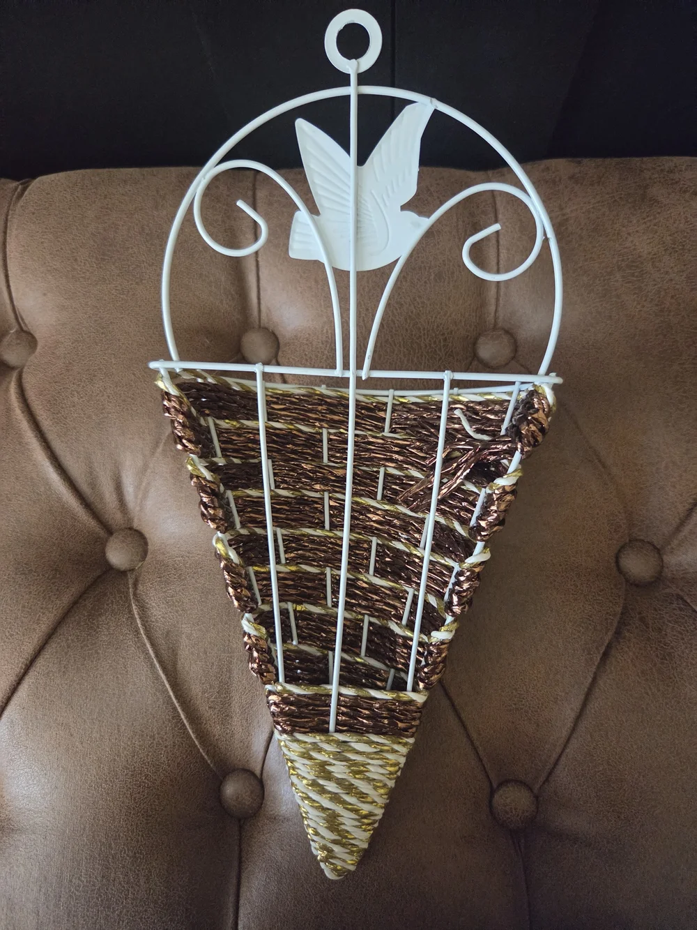 White Metal & Brown Woven Cone Wall Planter With Gold Accents